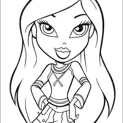 Desenho de contorno de uma boneca Bratz de frente, com mãos na cintura, usando blusa de manga longa com listras nos punhos e saia curta com bolsos aparentes.