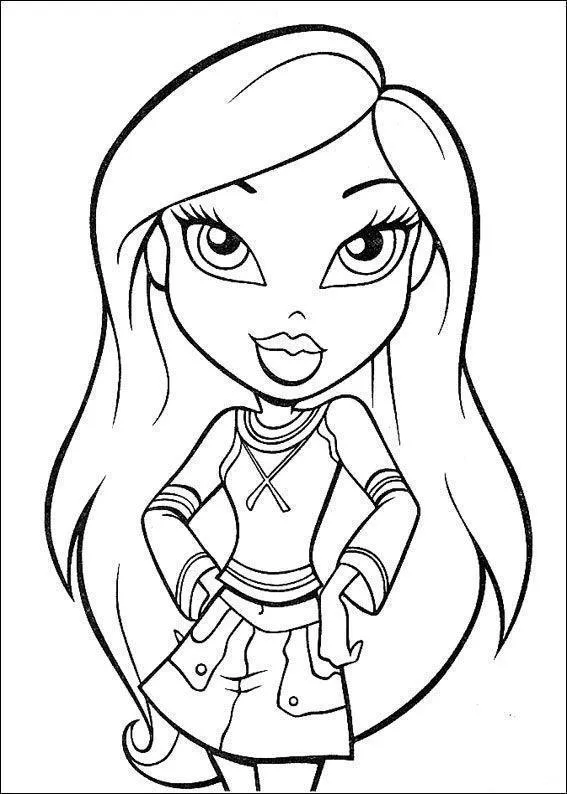 Desenho de contorno de uma boneca Bratz de frente, com mãos na cintura, usando blusa de manga longa com listras nos punhos e saia curta com bolsos aparentes.