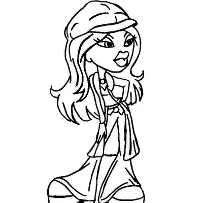 Desenho de contorno de uma boneca Bratz usando boina estilizada, colete longo sobre top, calça flare e sapatos plataforma.