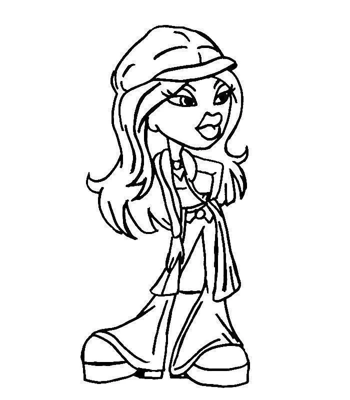 Desenho de contorno de uma boneca Bratz usando boina estilizada, colete longo sobre top, calça flare e sapatos plataforma.