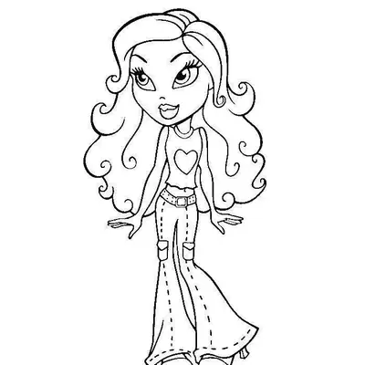 Desenho de contorno de uma boneca Bratz usando calças cargo largas, cinto de tachas, regata com coração e cabelos ondulados.