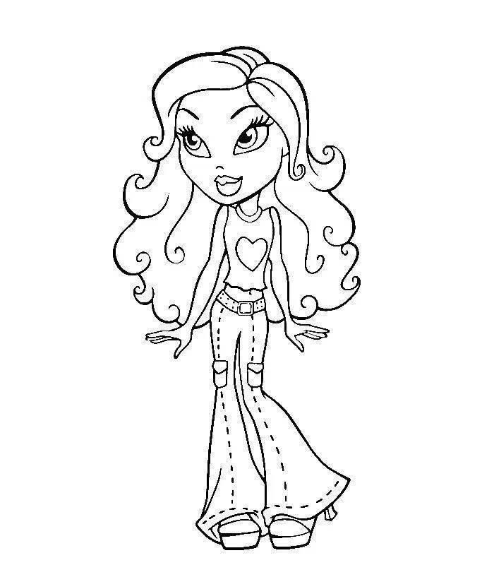 Desenho de contorno de uma boneca Bratz usando calças cargo largas, cinto de tachas, regata com coração e cabelos ondulados.
