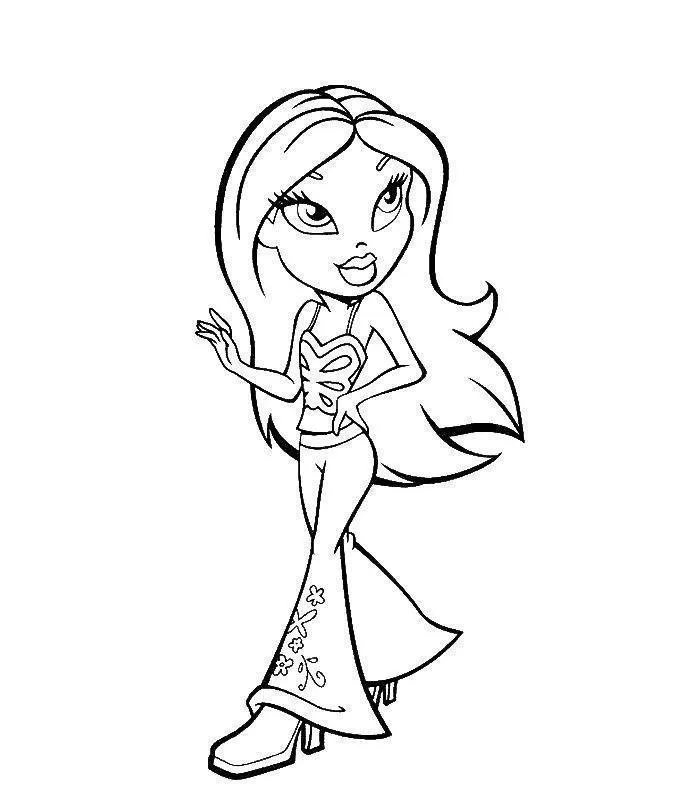 Desenho de contorno de uma boneca Bratz caminhando, usando top com detalhe de borboleta, calça flare com flores na barra e sapatos de salto.