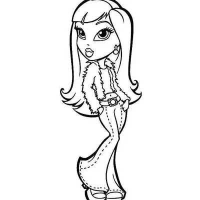 Desenho de contorno de uma boneca Bratz usando casaco curto de pele, cinto com fivela de flor, calça flare e sapatos plataforma.