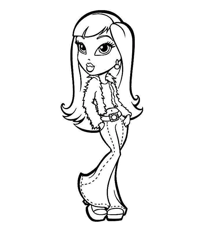 Desenho de contorno de uma boneca Bratz usando casaco curto de pele, cinto com fivela de flor, calça flare e sapatos plataforma.
