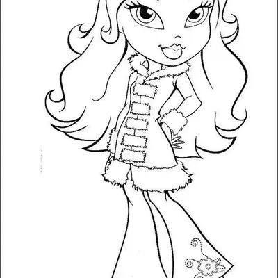 Desenho de contorno de uma boneca Bratz de cabelos longos, vestindo um casaco comprido com gola e punhos de pele, além de calças com bordado de flor na barra.