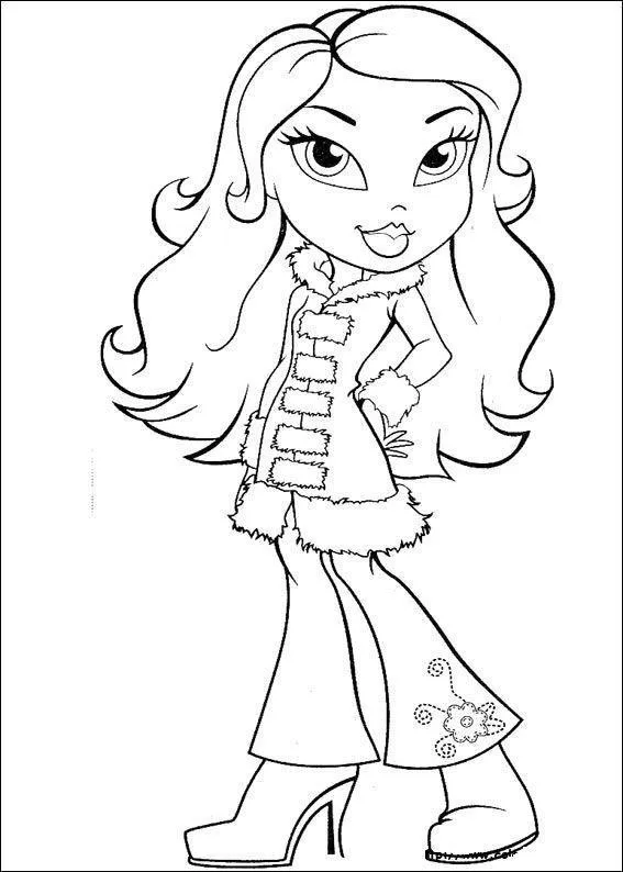 Desenho de contorno de uma boneca Bratz de cabelos longos, vestindo um casaco comprido com gola e punhos de pele, além de calças com bordado de flor na barra.