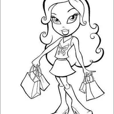 Desenho de contorno de uma boneca Bratz segurando sacolas de compras em ambas as mãos, usando blusa de borboleta, saia curta e botas de cano alto.
