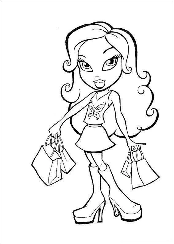 Desenho de contorno de uma boneca Bratz segurando sacolas de compras em ambas as mãos, usando blusa de borboleta, saia curta e botas de cano alto.