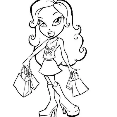 Boneca Bratz segurando várias sacolas de compras, usando regata de borboleta e botas de cano alto.