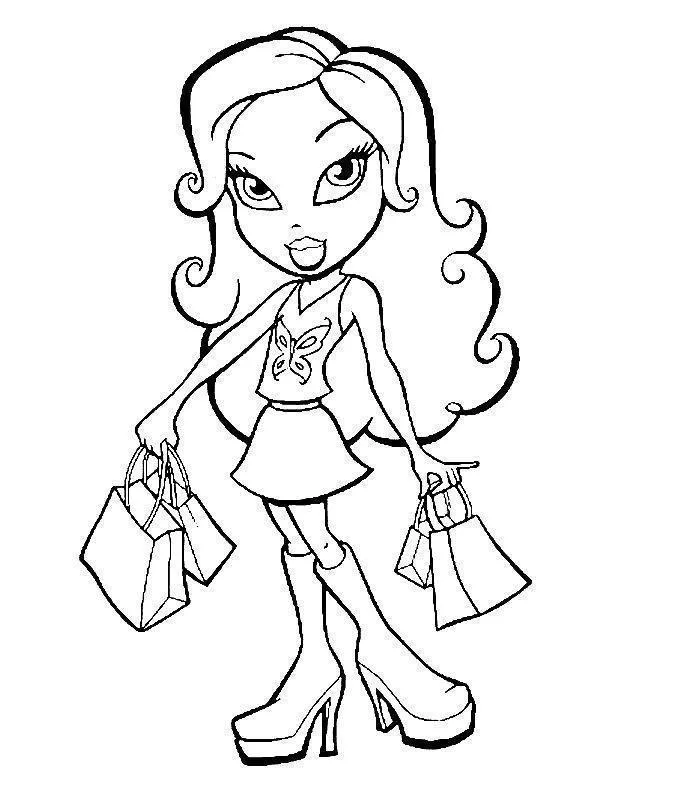 Boneca Bratz segurando várias sacolas de compras, usando regata de borboleta e botas de cano alto.