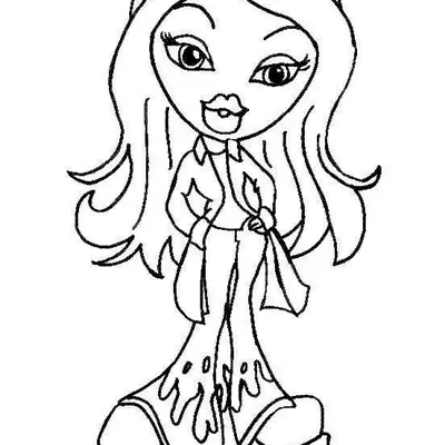 Desenho de contorno de uma boneca Bratz usando jaqueta curta, calça flare com desenho de chamas na barra e sapatos de plataforma.