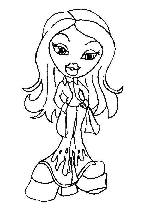 Desenho de contorno de uma boneca Bratz usando jaqueta curta, calça flare com desenho de chamas na barra e sapatos de plataforma.