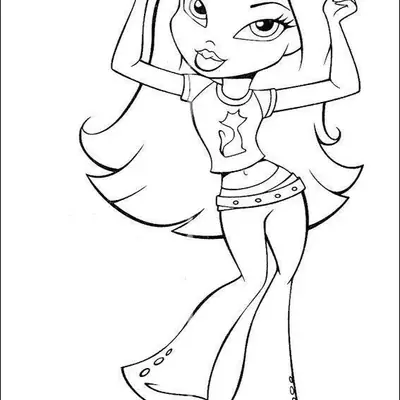 Desenho em preto e branco de uma boneca Bratz em pose fashion, usando calças boca de sino e blusa curta com estampa de gato.