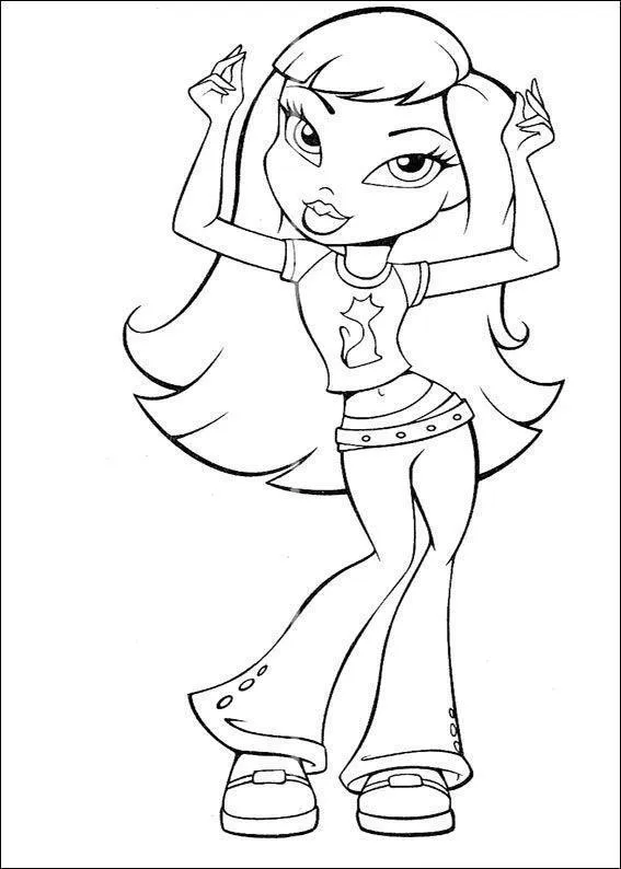 Desenho em preto e branco de uma boneca Bratz em pose fashion, usando calças boca de sino e blusa curta com estampa de gato.