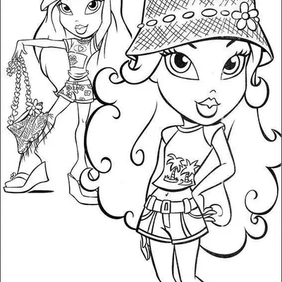 Desenho de duas bonecas Bratz; uma em destaque usando chapéu bucket e camiseta de coqueiros, e outra ao fundo com boina e bolsa de palha.