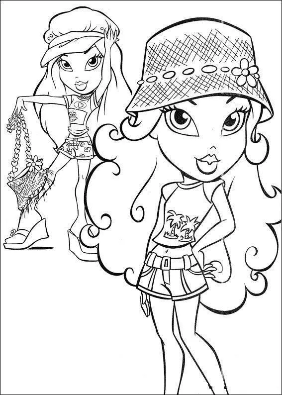 Desenho de duas bonecas Bratz; uma em destaque usando chapéu bucket e camiseta de coqueiros, e outra ao fundo com boina e bolsa de palha.