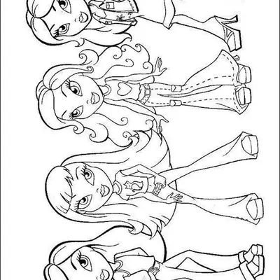 Desenho de contorno das quatro bonecas Bratz em pé, lado a lado, exibindo diferentes penteados e roupas fashion como calças flare e saias.