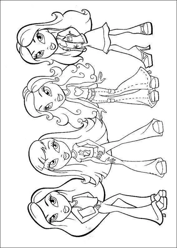Desenho de contorno das quatro bonecas Bratz em pé, lado a lado, exibindo diferentes penteados e roupas fashion como calças flare e saias.