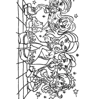 Desenho de contorno de cinco bonecas Bratz posando juntas em uma pista de dança com fundo decorado por estrelas e faíscas.