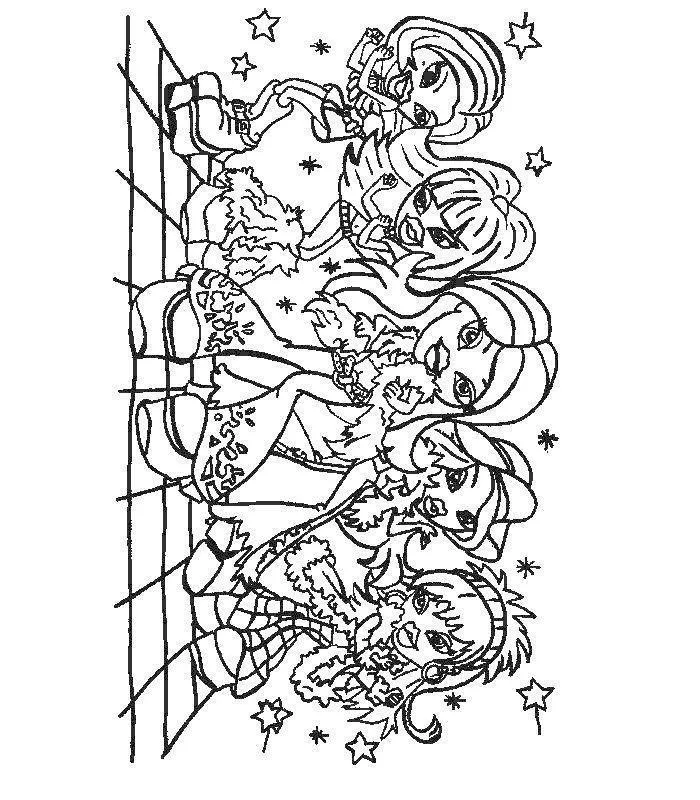 Desenho de contorno de cinco bonecas Bratz posando juntas em uma pista de dança com fundo decorado por estrelas e faíscas.