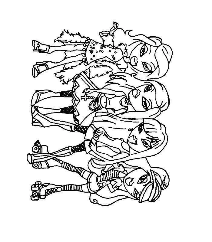 Desenho de contorno das quatro bonecas Bratz juntas, vestindo roupas de festa detalhadas, incluindo vestidos com babados, cintos de pedraria e colares.