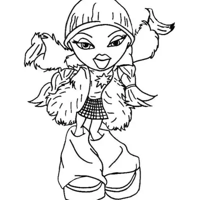 Desenho de contorno de uma boneca Bratz usando gorro, casaco de pele aberto, camiseta de estrela, saia xadrez e calças largas por cima de botas.