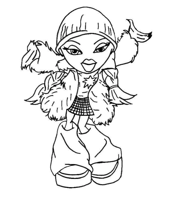Desenho de contorno de uma boneca Bratz usando gorro, casaco de pele aberto, camiseta de estrela, saia xadrez e calças largas por cima de botas.
