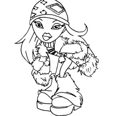 Desenho de contorno de uma Bratz usando casaco de inverno com gola de pele e gorro com pompom.
