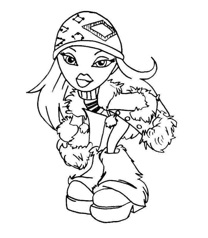 Desenho de contorno de uma Bratz usando casaco de inverno com gola de pele e gorro com pompom.