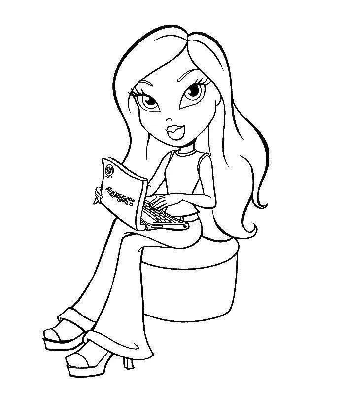 Desenho de contorno de uma Bratz sentada usando um laptop, vestindo calças boca de sino e sapatos plataforma.