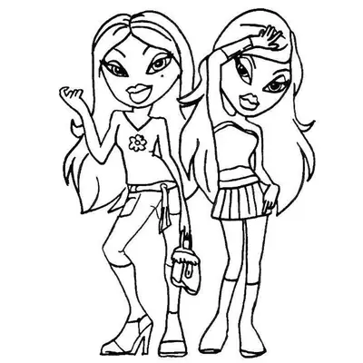 Desenho de contorno de duas bonecas Bratz juntas; uma usa blusa de flor e calça capri com bolsa, a outra usa top tomara-que-caia e saia plissada curta.