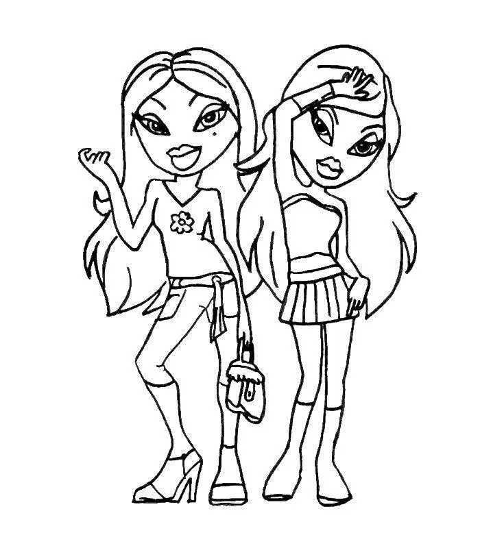Desenho de contorno de duas bonecas Bratz juntas; uma usa blusa de flor e calça capri com bolsa, a outra usa top tomara-que-caia e saia plissada curta.