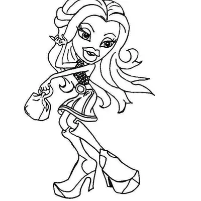 Desenho de uma Bratz com braço na cintura segurando bolsa, vestindo top de malha e saia curta.