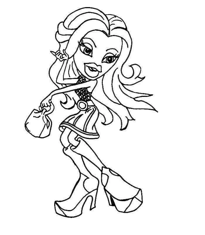 Desenho de uma Bratz com braço na cintura segurando bolsa, vestindo top de malha e saia curta.