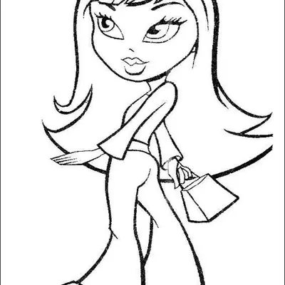 Desenho em preto e branco de uma boneca Bratz vista de perfil, caminhando com uma pequena sacola na mão, usando calças largas e blusa de mangas compridas.