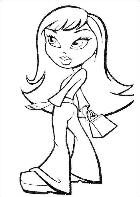 Desenho em preto e branco de uma boneca Bratz vista de perfil, caminhando com uma pequena sacola na mão, usando calças largas e blusa de mangas compridas.