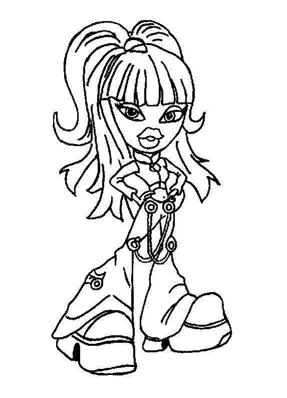 Desenho de contorno de uma boneca Bratz com rabo de cavalo duplo alto, jaqueta com zíper, calças largas e sapatos de plataforma gigante.