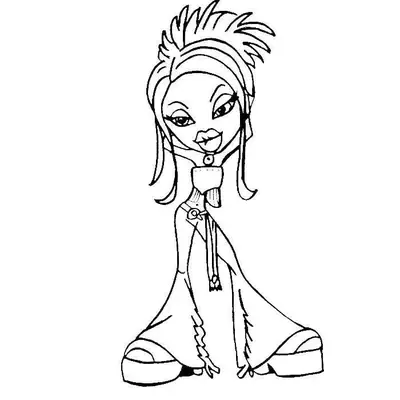 Desenho de contorno de uma boneca Bratz com cabelo arrepiado estilo spike, usando top tomara-que-caia, cinto longo e calças flare.