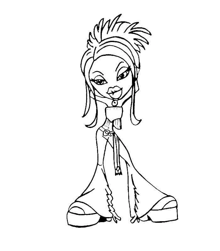 Desenho de contorno de uma boneca Bratz com cabelo arrepiado estilo spike, usando top tomara-que-caia, cinto longo e calças flare.