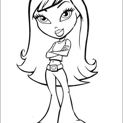 Desenho de contorno de uma boneca Bratz de cabelos longos, com os braços cruzados, usando top curto, cinto largo e calças flare sobre sapatos de plataforma.
