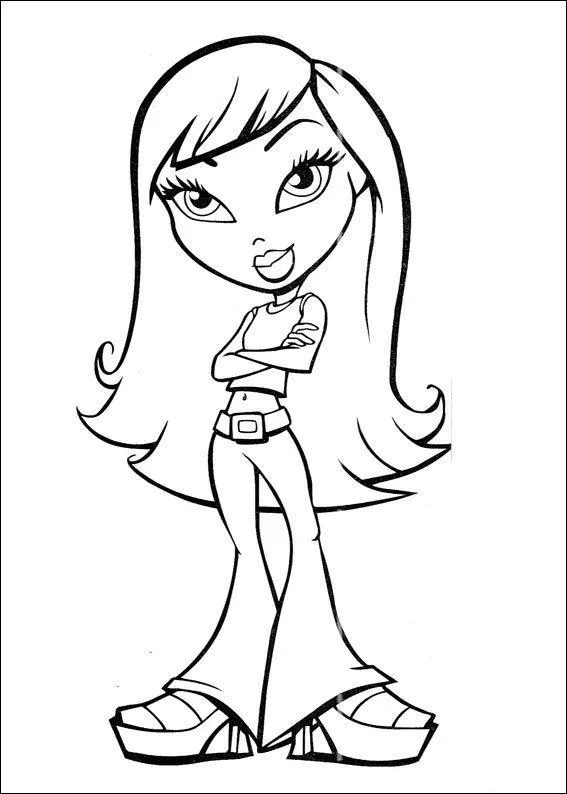 Desenho de contorno de uma boneca Bratz de cabelos longos, com os braços cruzados, usando top curto, cinto largo e calças flare sobre sapatos de plataforma.