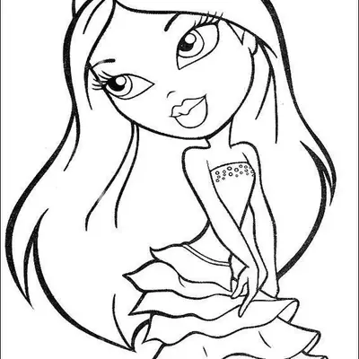 Desenho de contorno de uma boneca Bratz de cabelos longos, usando uma tiara de pedrarias e um vestido tomara-que-caia com várias camadas de babados.