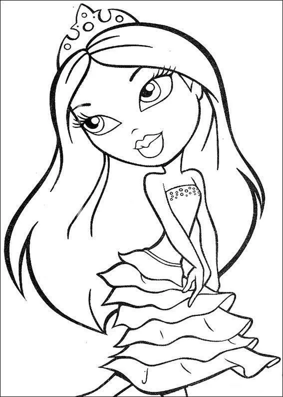 Desenho de contorno de uma boneca Bratz de cabelos longos, usando uma tiara de pedrarias e um vestido tomara-que-caia com várias camadas de babados.