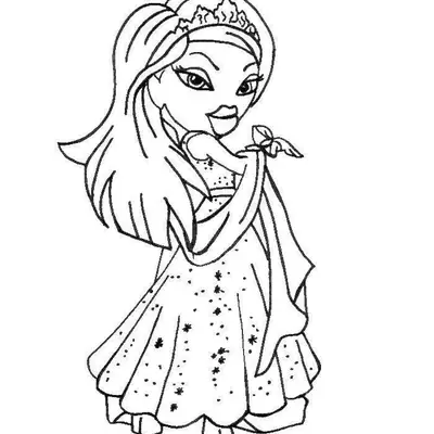 Desenho de contorno de uma boneca Bratz vestida de princesa, usando tiara, vestido longo com estrelas e segurando uma borboleta.