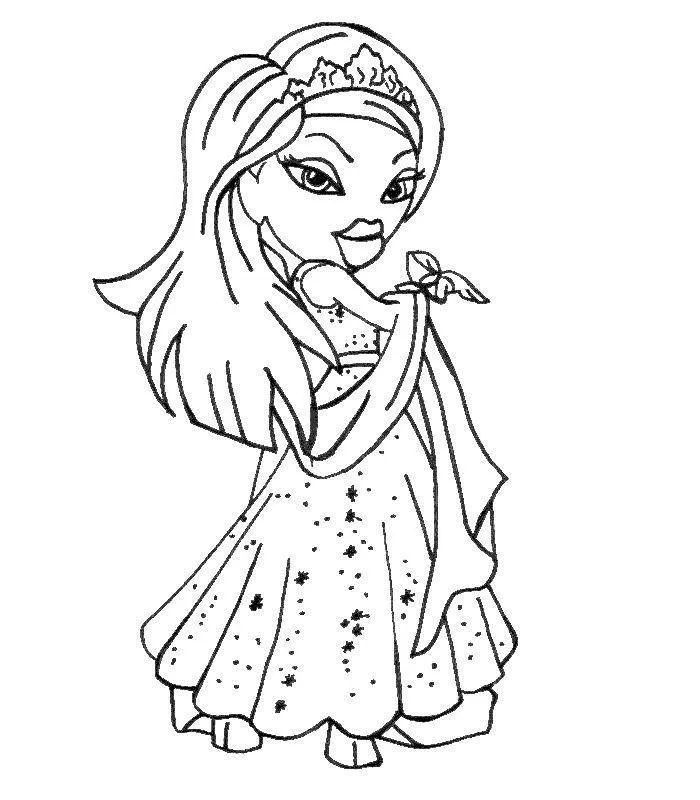 Desenho de contorno de uma boneca Bratz vestida de princesa, usando tiara, vestido longo com estrelas e segurando uma borboleta.