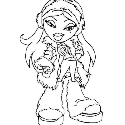 Desenho de contorno de uma boneca Bratz usando protetor de ouvidos, casaco de pele aberto sobre blusa estrelada, calças largas e botas de neve.