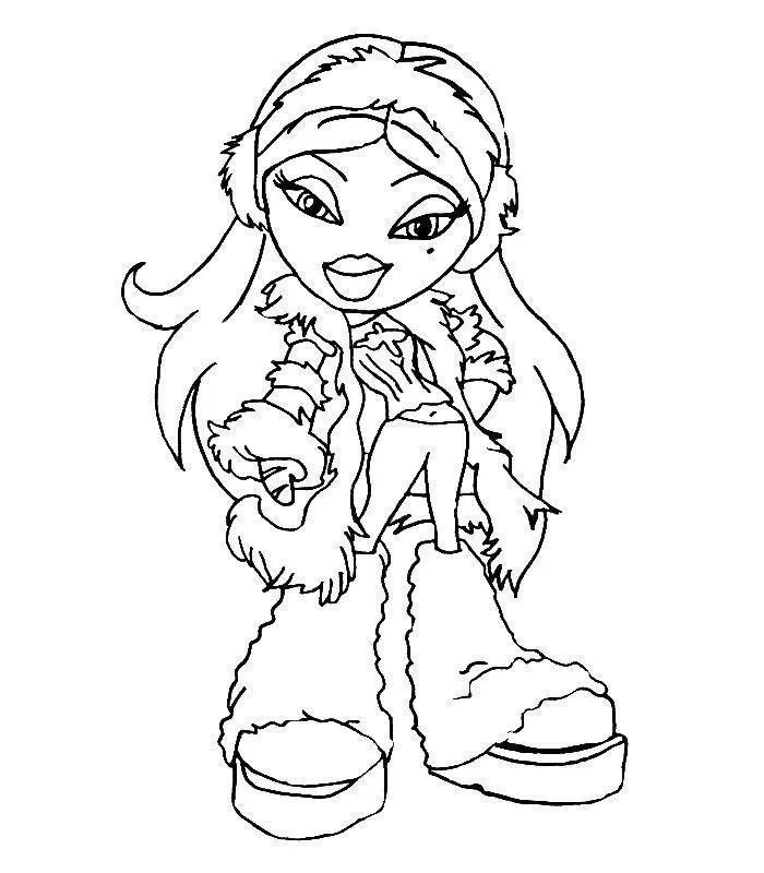 Desenho de contorno de uma boneca Bratz usando protetor de ouvidos, casaco de pele aberto sobre blusa estrelada, calças largas e botas de neve.