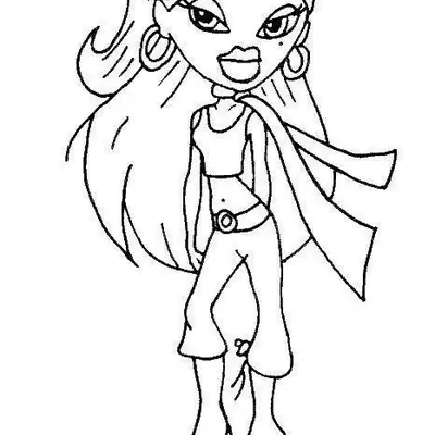Desenho de contorno de uma boneca Bratz usando top curto, calça capri com laço, echarpe fina e brincos de argola grandes.