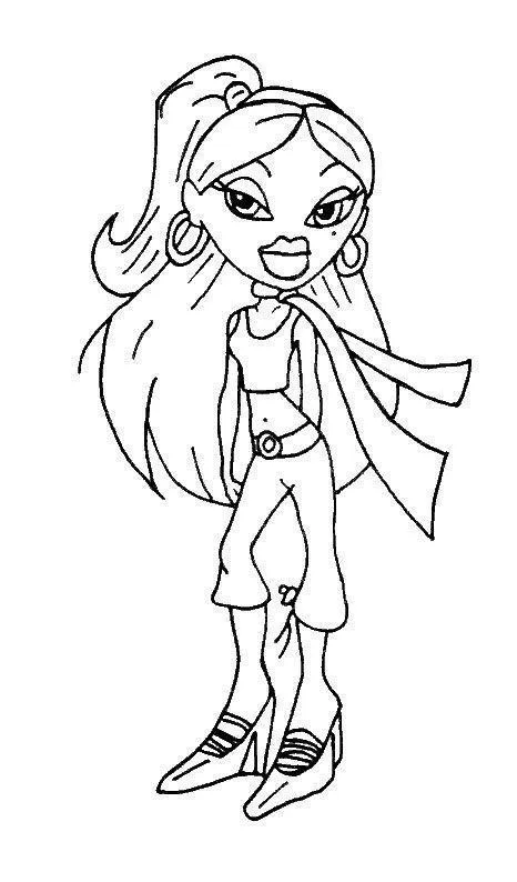 Desenho de contorno de uma boneca Bratz usando top curto, calça capri com laço, echarpe fina e brincos de argola grandes.